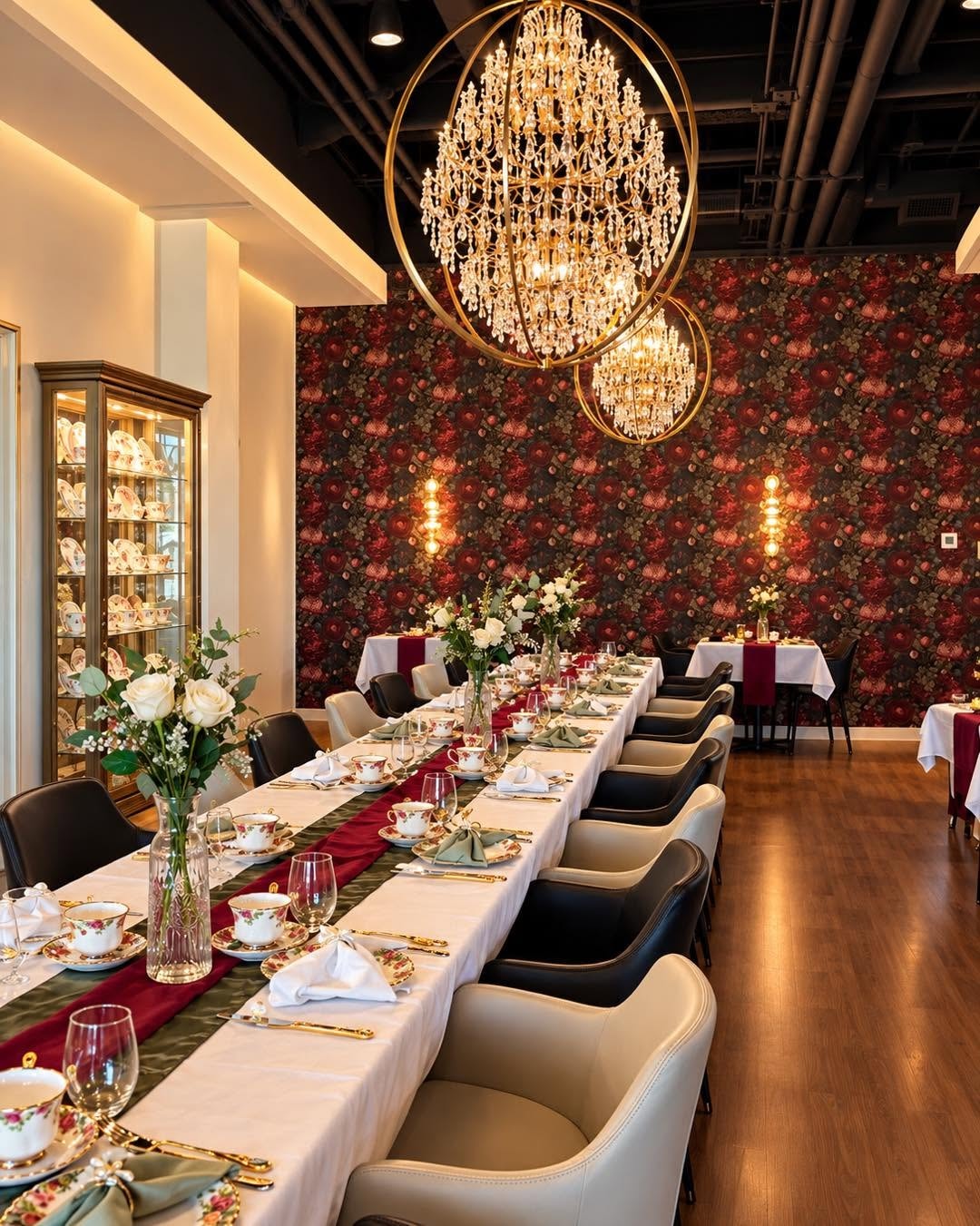 The Ivy private dining room with crystal chandeliers and festive table settings